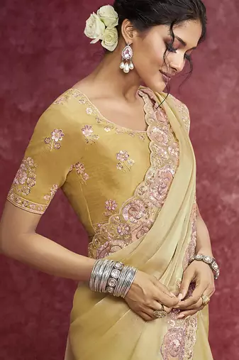 Pastel yellow satin silk blend embroidered work saree