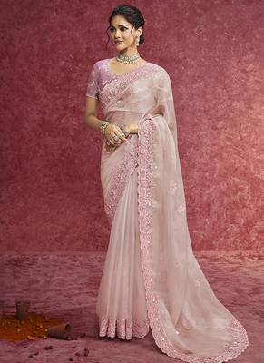 Baby pink faux tissue embroidered work saree 1