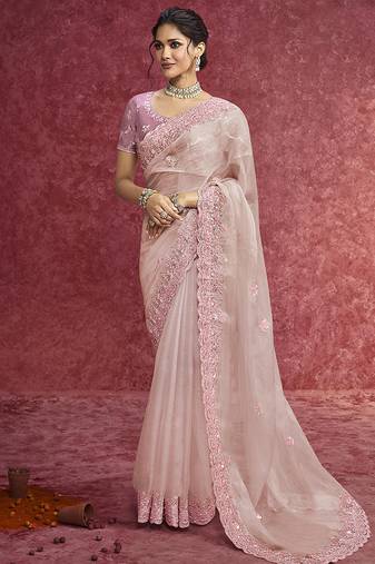 Baby pink faux tissue embroidered work saree