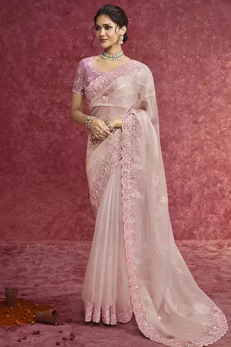 Baby pink faux tissue embroidered work saree