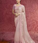 Baby pink faux tissue embroidered work saree