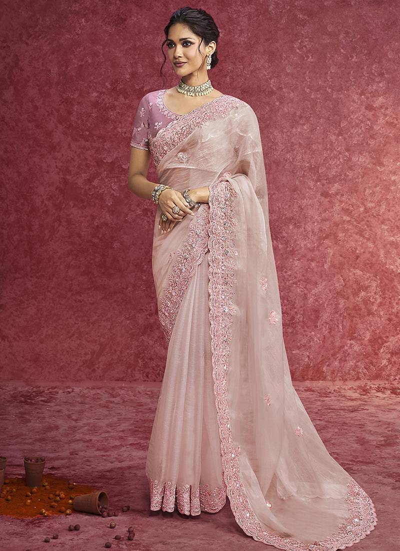 Baby pink faux tissue embroidered work saree