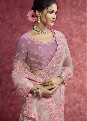 Baby pink faux tissue embroidered work saree 2
