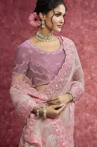 Baby pink faux tissue embroidered work saree