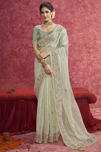 Pista green faux tissue embroidered work saree