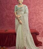 Pista green faux tissue embroidered work saree