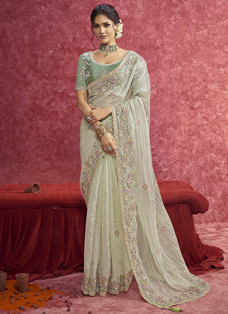 Pista green faux tissue embroidered work saree