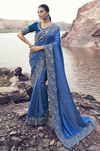 Royal blue embroidered woven satin silk blend saree