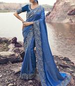 Royal blue embroidered woven satin silk blend saree