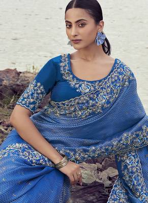 Royal blue embroidered woven satin silk blend saree 2