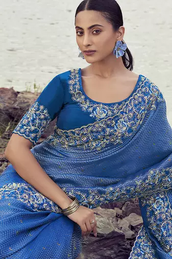 Royal blue embroidered woven satin silk blend saree