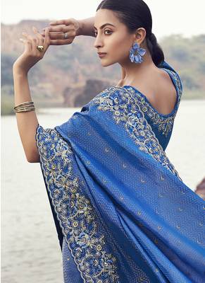 Royal blue embroidered woven satin silk blend saree 3