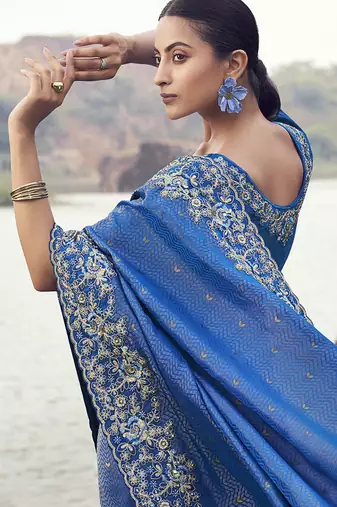 Royal blue embroidered woven satin silk blend saree
