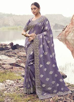 Lavender purple embroidered woven faux tissue silk blend saree 1