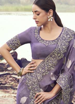 Lavender purple embroidered woven faux tissue silk blend saree 2