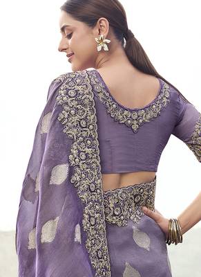 Lavender purple embroidered woven faux tissue silk blend saree 3