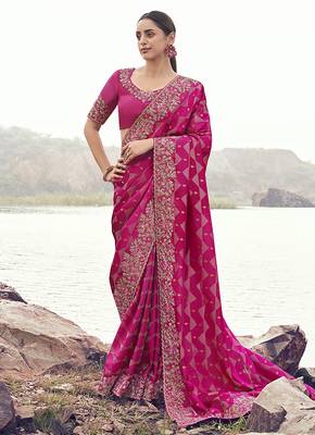 Rani pink embroidered woven satin silk blend saree 1