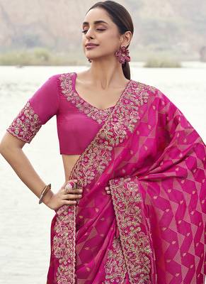 Rani pink embroidered woven satin silk blend saree 2