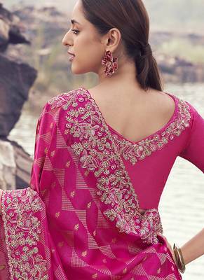 Rani pink embroidered woven satin silk blend saree 3