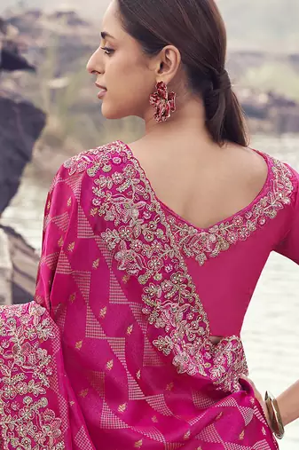 Rani pink embroidered woven satin silk blend saree