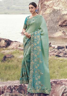 Sea greeen & aqua blue embroidered woven faux tissue silk blend saree 1