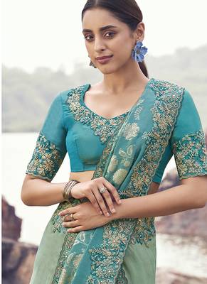Sea greeen & aqua blue embroidered woven faux tissue silk blend saree 2