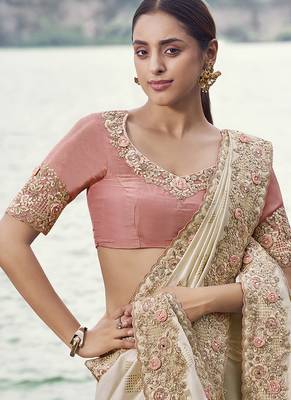 Off white embroidered satin silk blend saree 2
