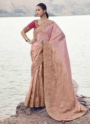 Pink embroidered woven faux tissue silk blend saree 1