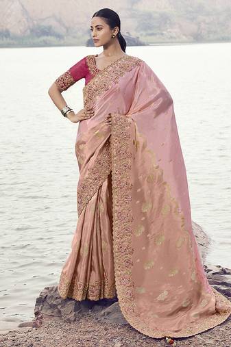 Pink embroidered woven faux tissue silk blend saree