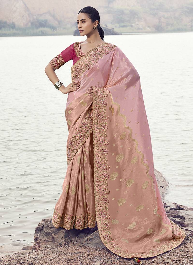 Pink embroidered woven faux tissue silk blend saree