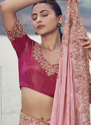 Pink embroidered woven faux tissue silk blend saree 2