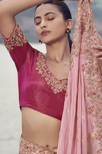 Pink embroidered woven faux tissue silk blend saree