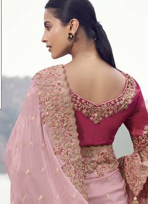 Pink embroidered woven faux tissue silk blend saree 3