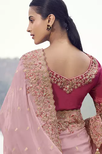 Pink embroidered woven faux tissue silk blend saree