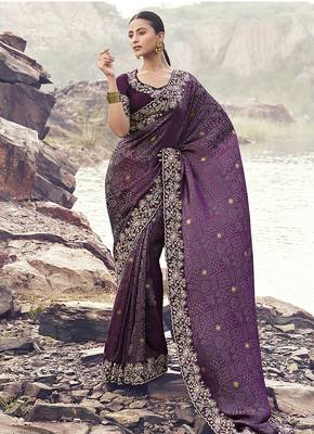 Wine embroidered woven satin silk blend saree 1