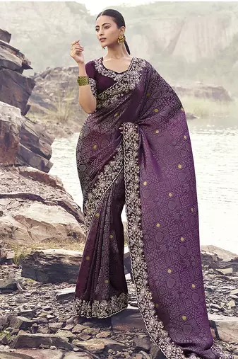Wine embroidered woven satin silk blend saree