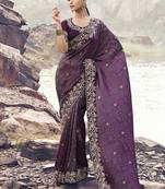 Wine embroidered woven satin silk blend saree