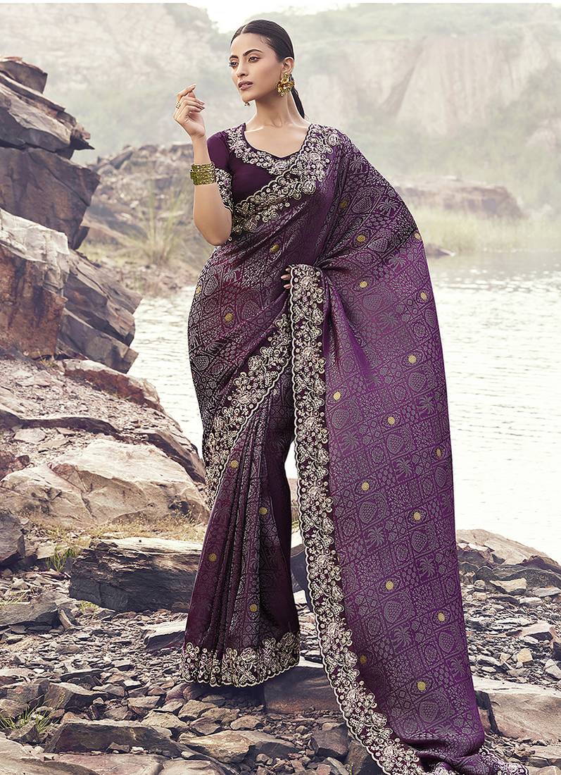 Wine embroidered woven satin silk blend saree