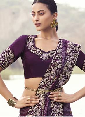 Wine embroidered woven satin silk blend saree 2