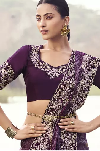 Wine embroidered woven satin silk blend saree