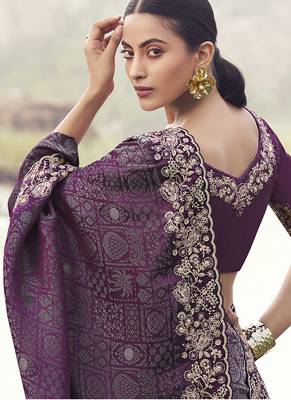 Wine embroidered woven satin silk blend saree 3