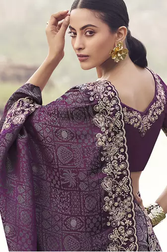 Wine embroidered woven satin silk blend saree