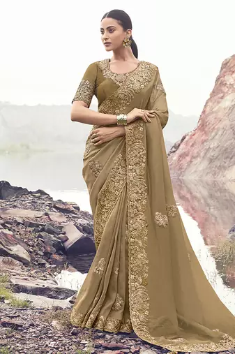 Chiku embroidered banarasi silk blend saree