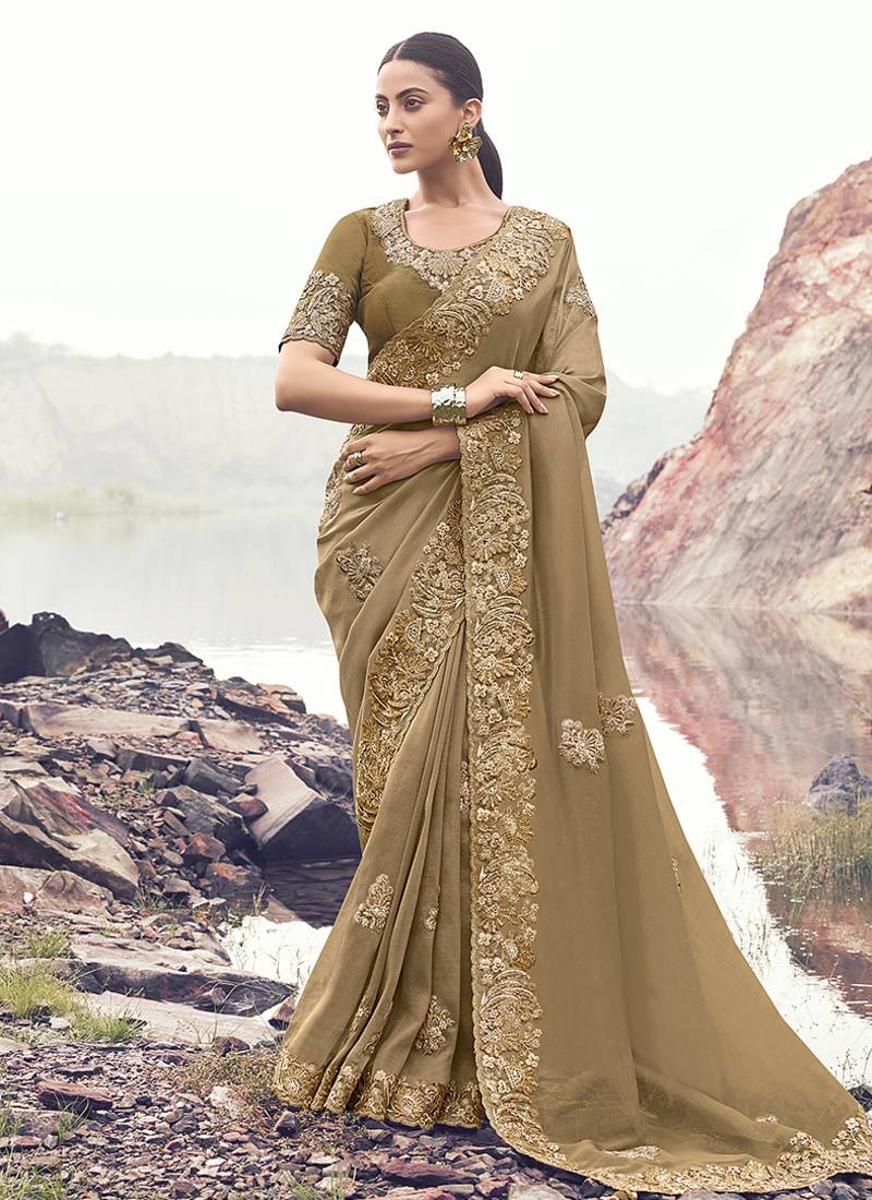 Chiku embroidered banarasi silk blend saree