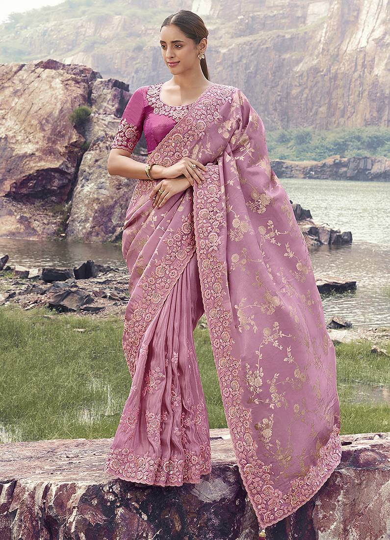 Onion pink embroidered woven faux tissue silk blend saree