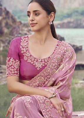 Onion pink embroidered woven faux tissue silk blend saree 2