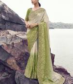 Beige & green embroidered woven faux tissue silk blend saree