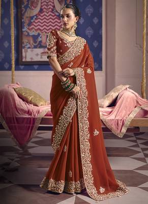 Rust viscose zari tissue silk blend embroidered saree 1