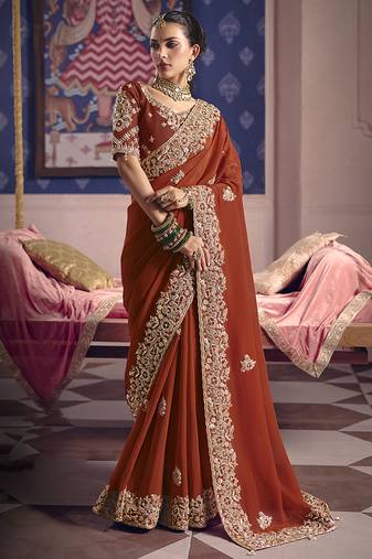 Rust viscose zari tissue silk blend embroidered saree