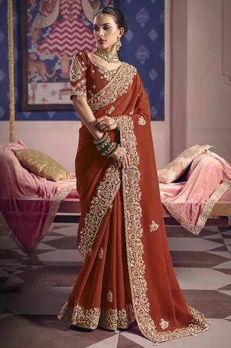 Rust viscose zari tissue silk blend embroidered saree